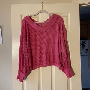 We The Free People South Side Thermal Waffle Pink V Neck Long Sleeve Slouchy Top